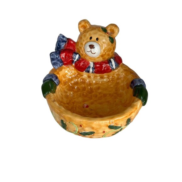 Decorative Bear-Themed Ceramic Bowl With Scarf & Mittens Nut & Candy Dish - Picture 2 of 11